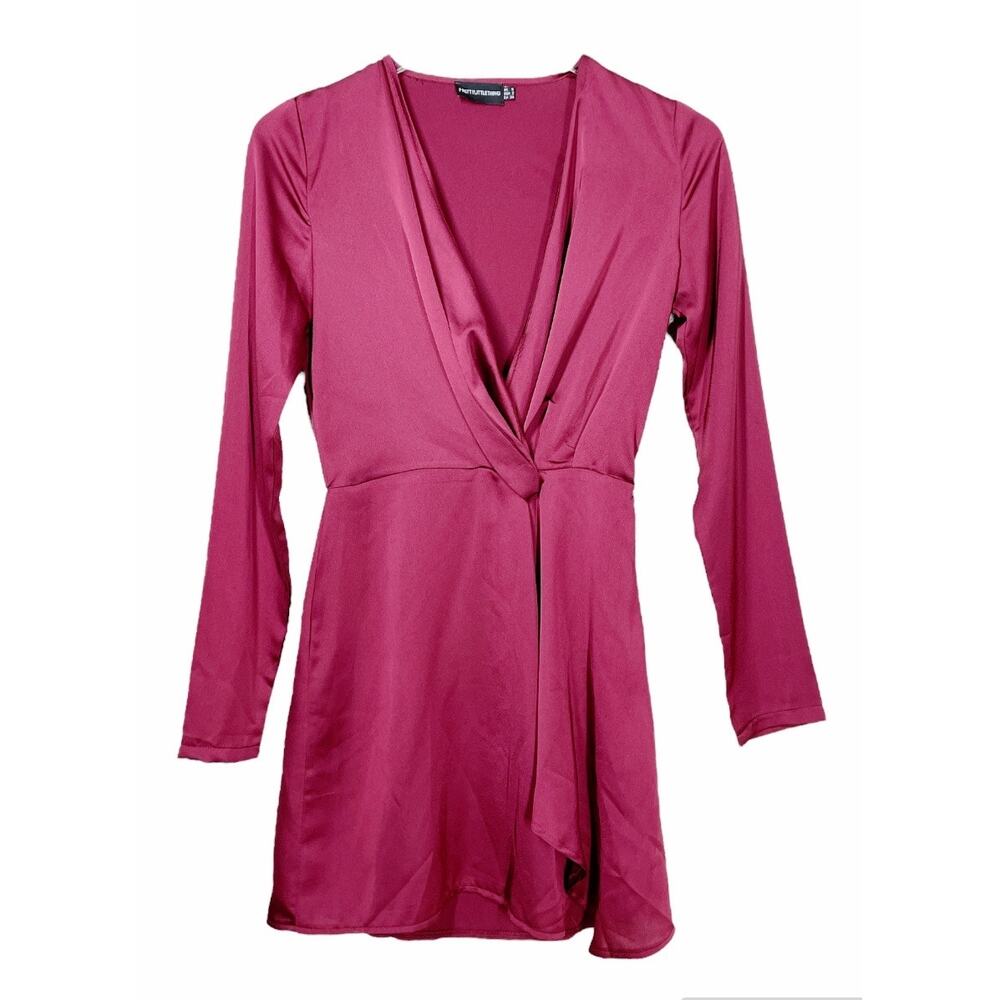 PrettyLittleThing Satin Wrap Mini Dress – Burgundy (Size 2)